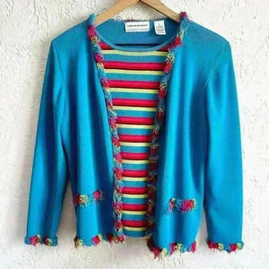 Alfred dunner colorful stripe top and sweater‎ combo with fringe petite large